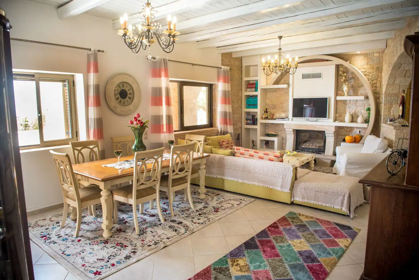 Spacious living area exhibiting the blend of modern comfort and timeless luxury stays at Villa Leonidas.