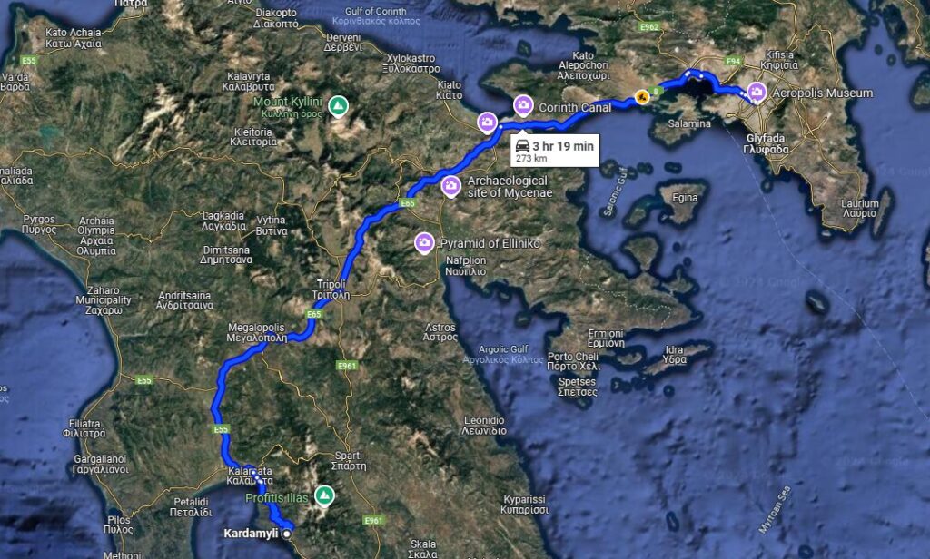 Map showing the driving route from Athens to Kardamili, Greece, highlighting key landmarks along the way