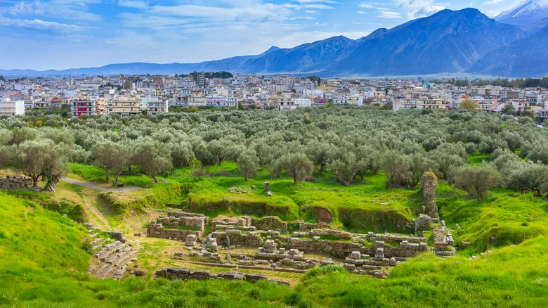 View of ancient ruins in Sparta, Greece, surrounded by olive trees with the modern city and mountain range in the background.