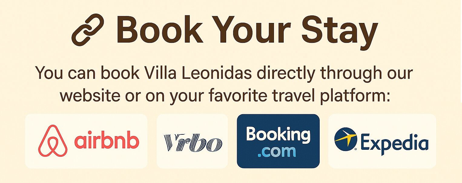 Booking options for Villa Leonidas in Kardamili including Airbnb, Vrbo, Booking.com, and Expedia