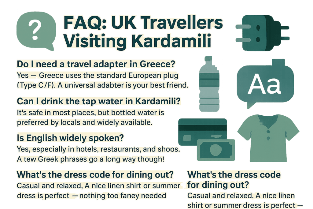 FAQ graphic for UK travellers visiting Kardamili, Greece – answers about travel adapters, water safety, language, and dress code