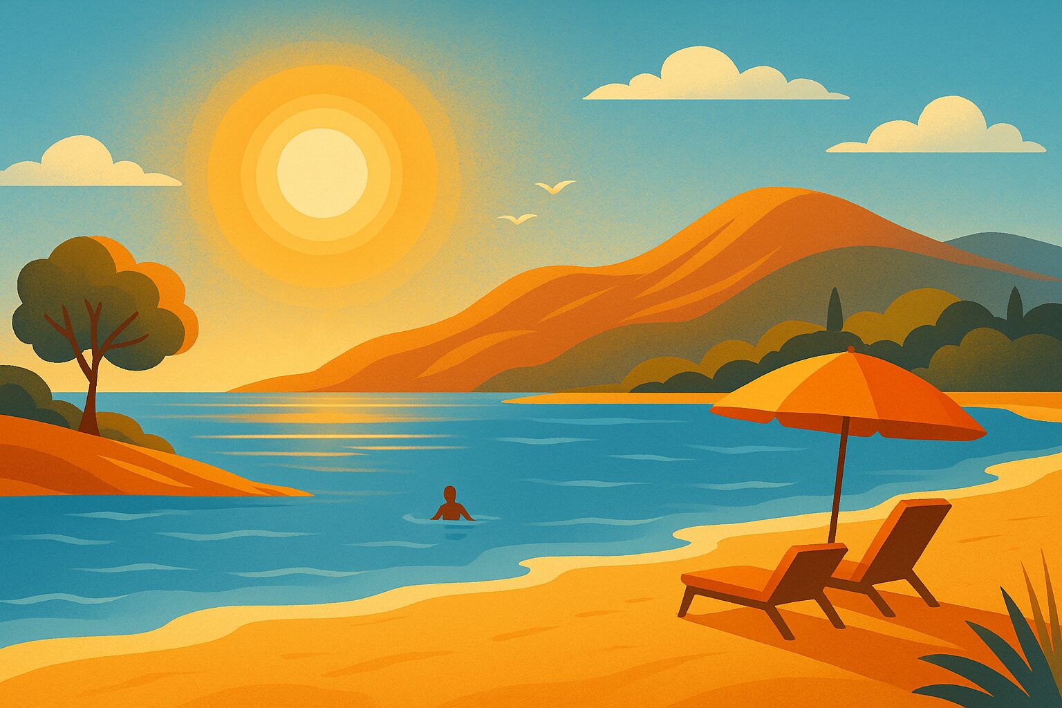 Bright summer illustration of a swimmer in the sea near a sandy beach with lounge chairs and an umbrella, golden sun setting over the hills in the background.