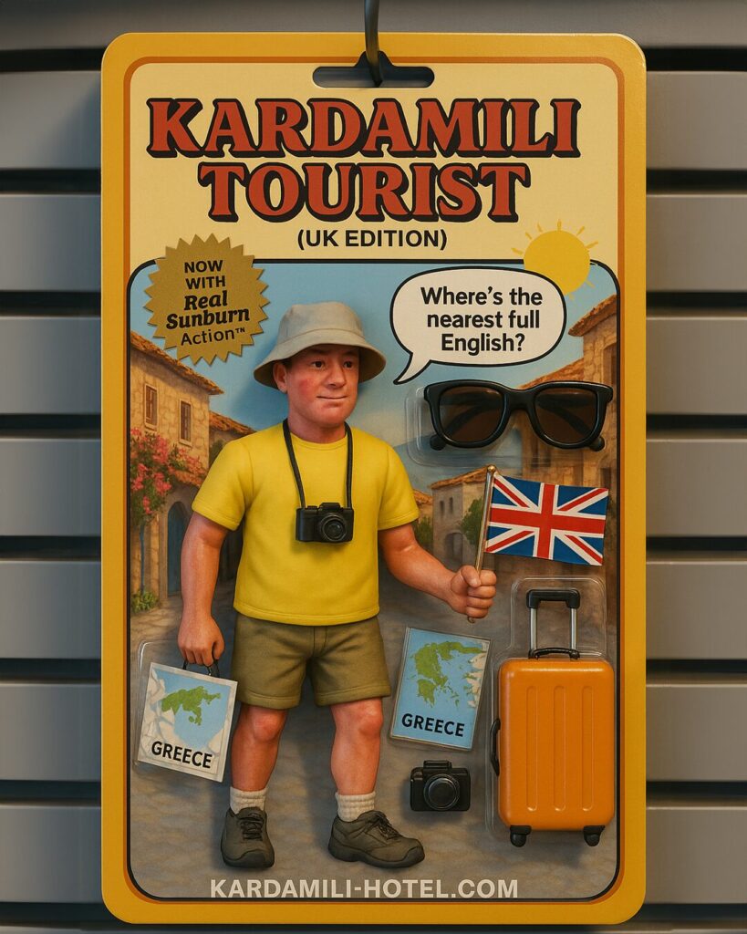 Humorous action figure-style image of a UK tourist in Kardamili holding a British flag and travel gear, labeled with 'Kardamili Tourist (UK Edition)