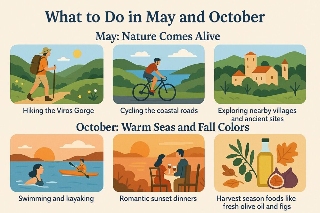 Seasonal activity guide for Kardamili showing spring hiking, cycling, and village exploration in May, and swimming, romantic dinners, and local harvest in October.