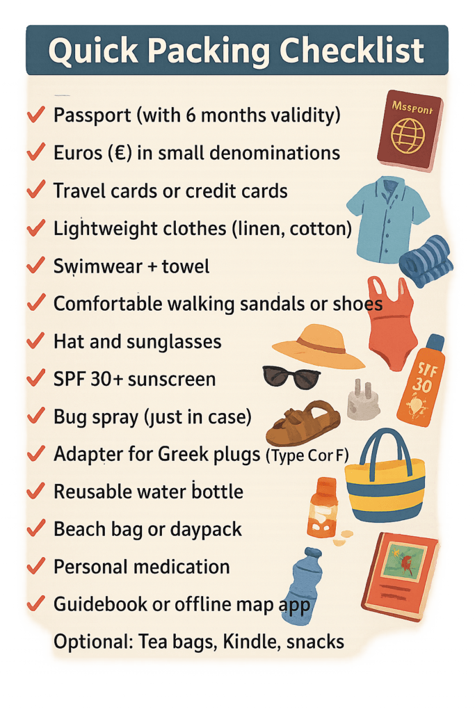 Illustrated quick packing checklist for UK travellers visiting Kardamili, Greece