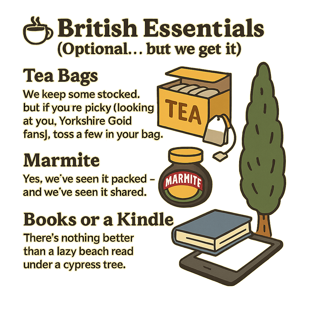British travel essentials infographic showing tea bags, Marmite, and a Kindle or book as optional items to pack for a Greece holiday