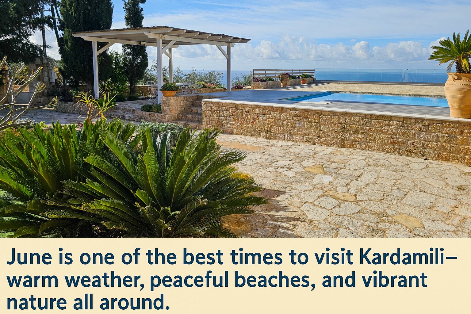 Private villa in Kardamili with pool, ocean views, and shaded patio – ideal June getaway in Greece
