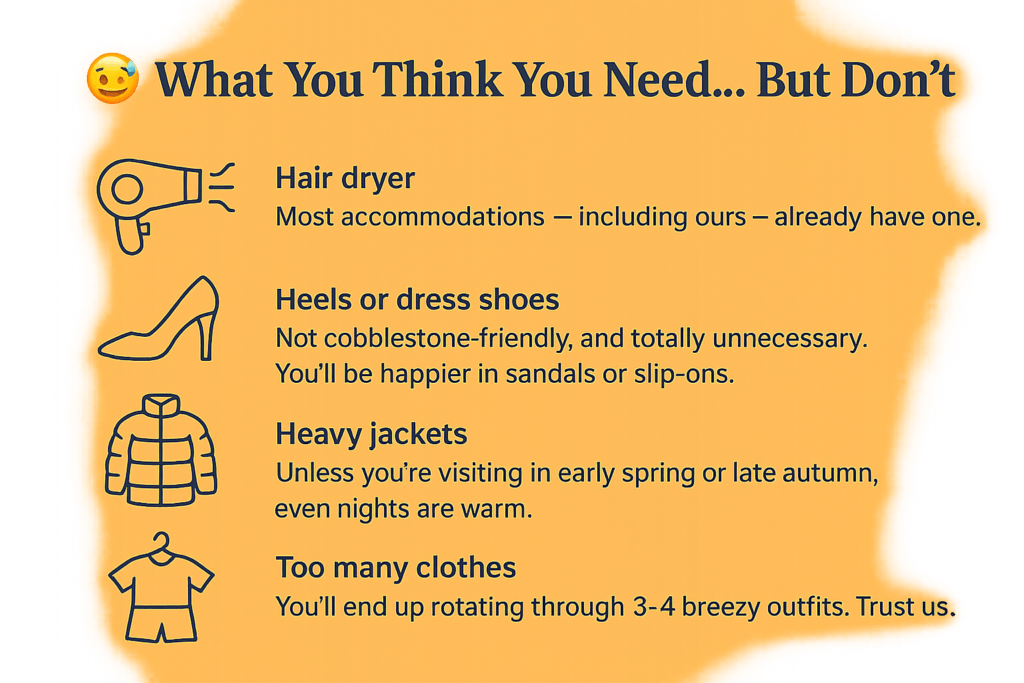 What not to pack for a summer holiday in Kardamili, Greece – illustrated travel checklist for UK travellers