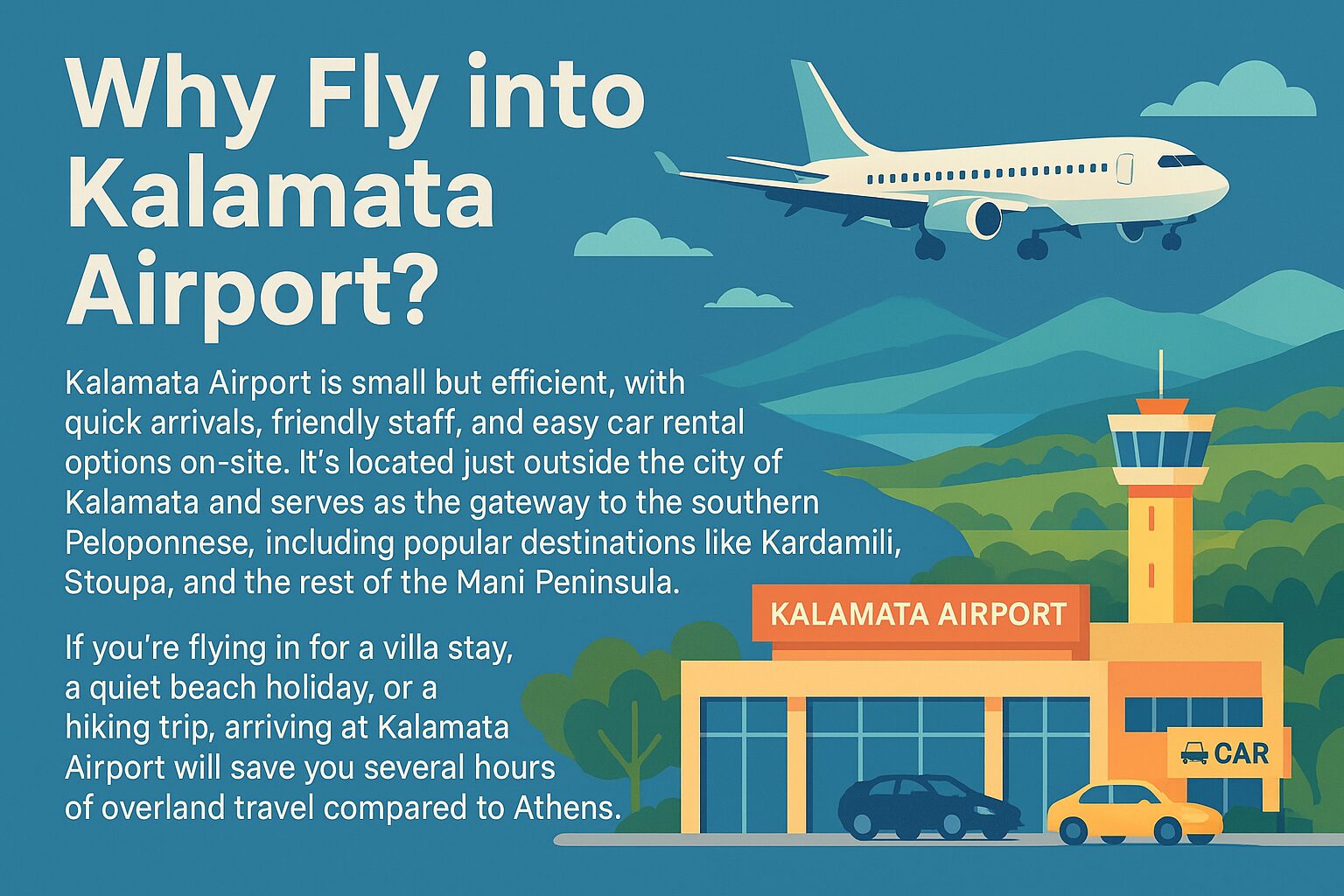 Illustrated travel guide showing why Kalamata Airport is the best option for reaching Kardamili and the Mani Peninsula in southern Greece.