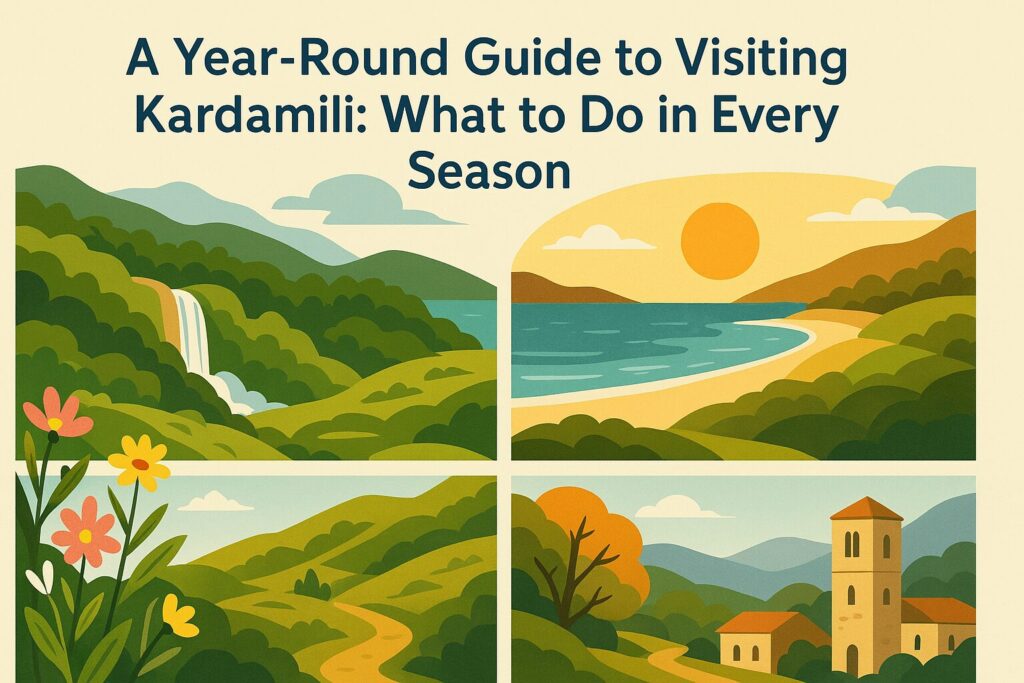 Illustration showing four seasonal landscapes of Kardamili, including a beach at sunset, a spring meadow, fall trees, and mountain trails — representing activities in every season.