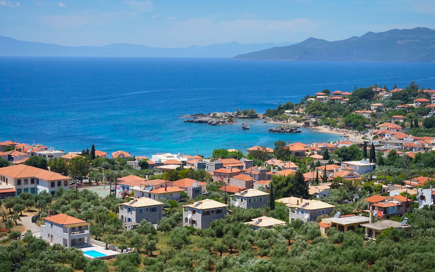 A panoramic view of the coastal village of Stoupa in the Mani Peninsula, Greece