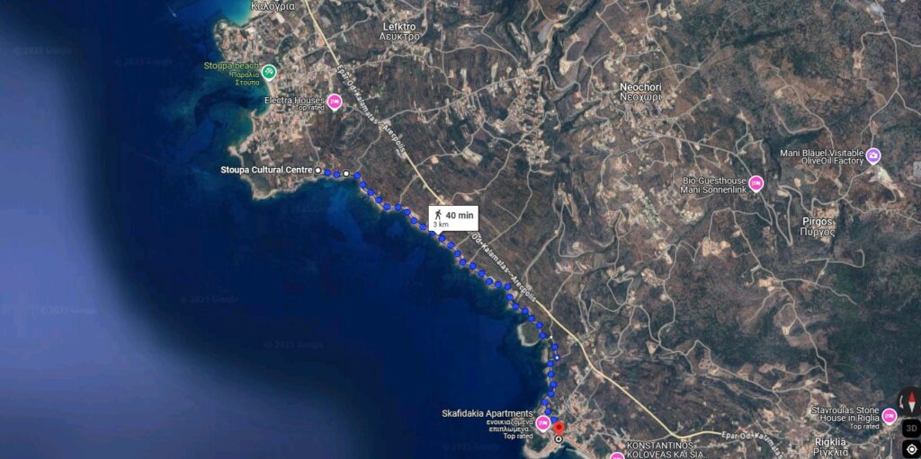 Walking route map from Stoupa to Agios Nikolaos along the Mani Peninsula coast in Greece
