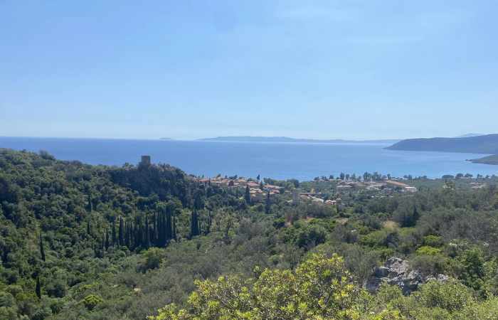 View of Kardamyli and the sea from Viros Gorge hiking trail in Mani Peninsula