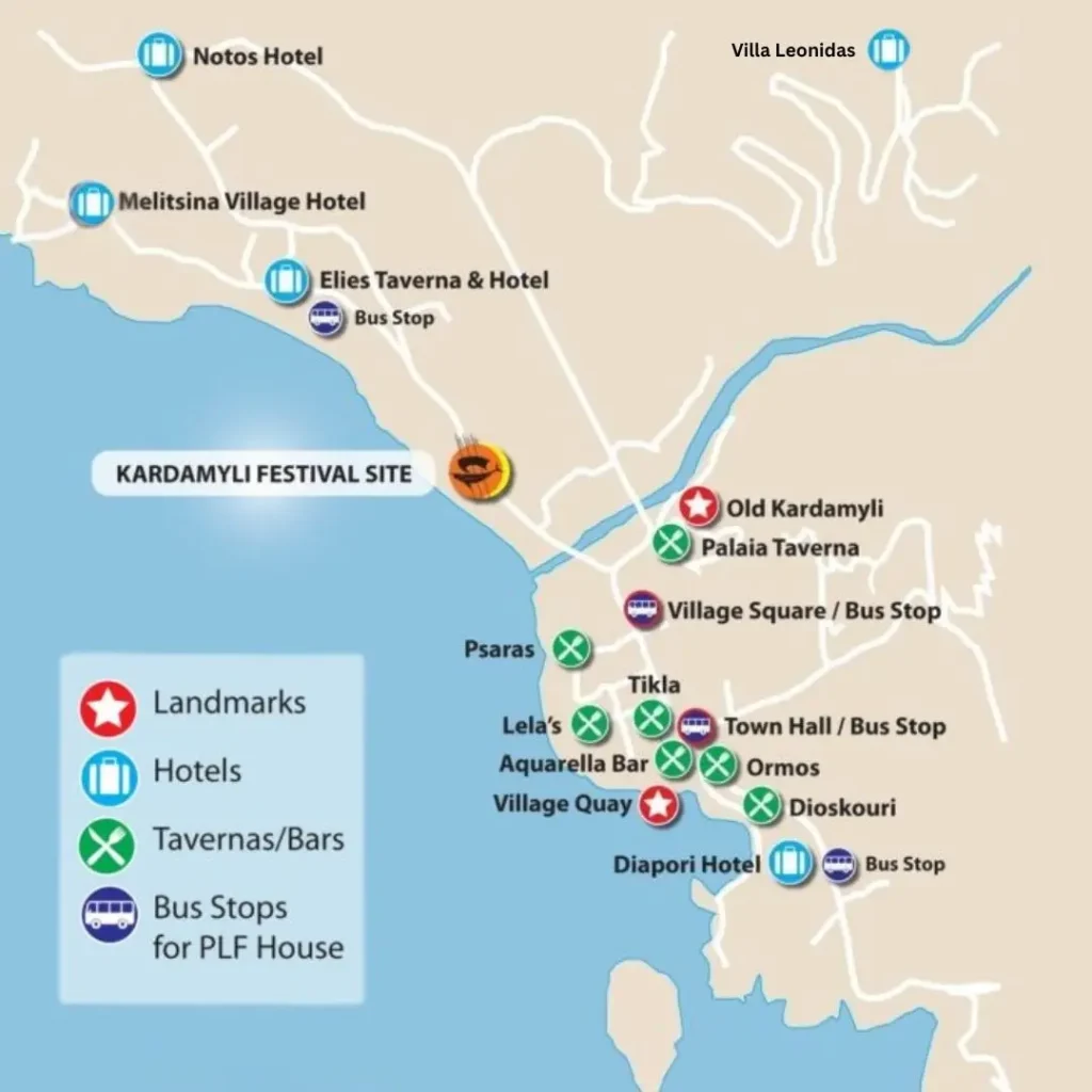 Map of Kardamyli Festival 2025 showing event sites, hotels, tavernas, and landmarks in Kardamyli, Greece.