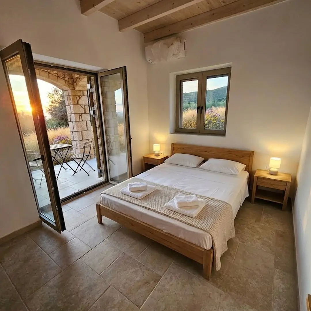 Mediterranean-inspired bedroom with open French doors revealing a breathtaking sunset view, offering the perfect setting for memorable stays.