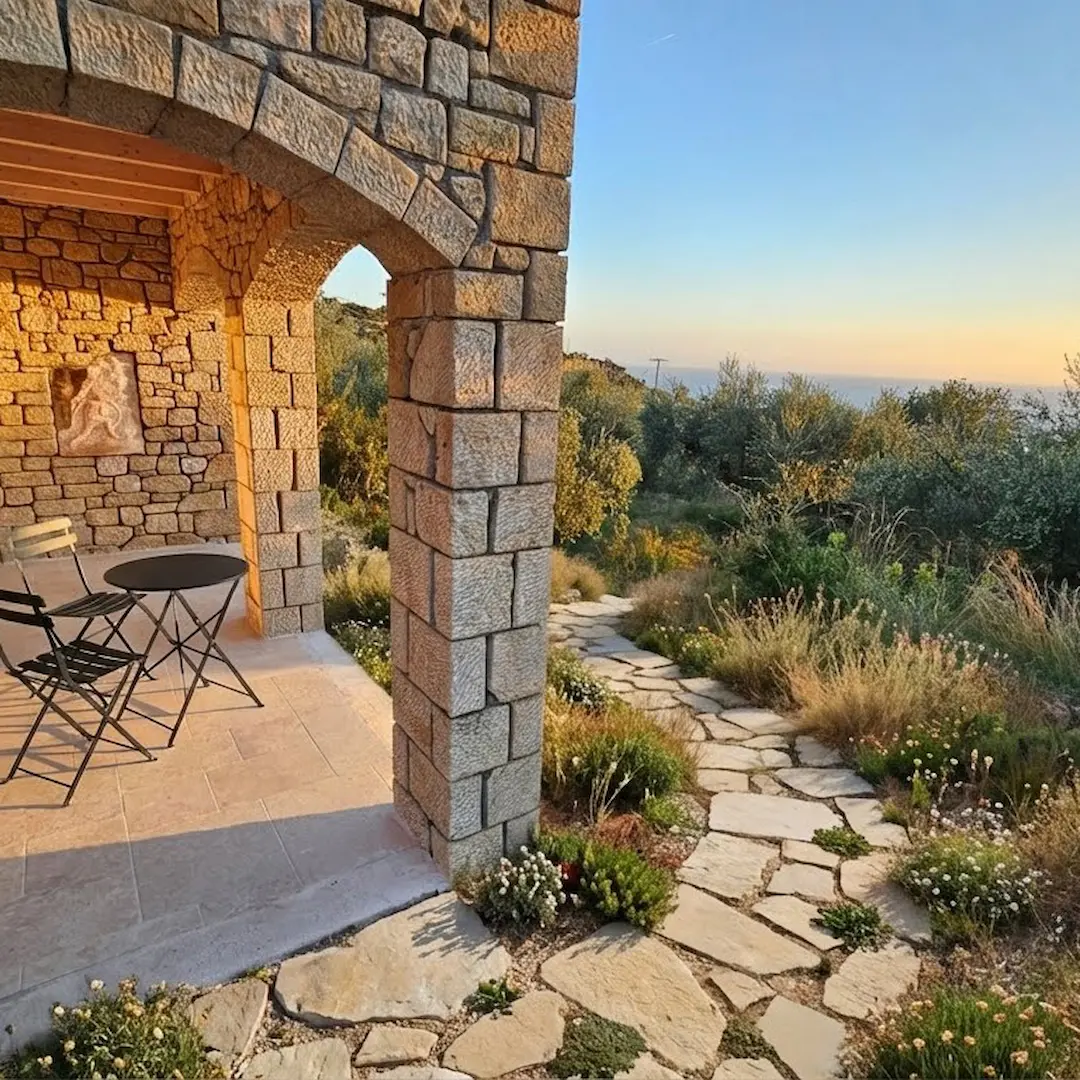 Stone patio with a bistro set in a Mediterranean garden, a signature feature of our luxury villas for rent in Kardamili.