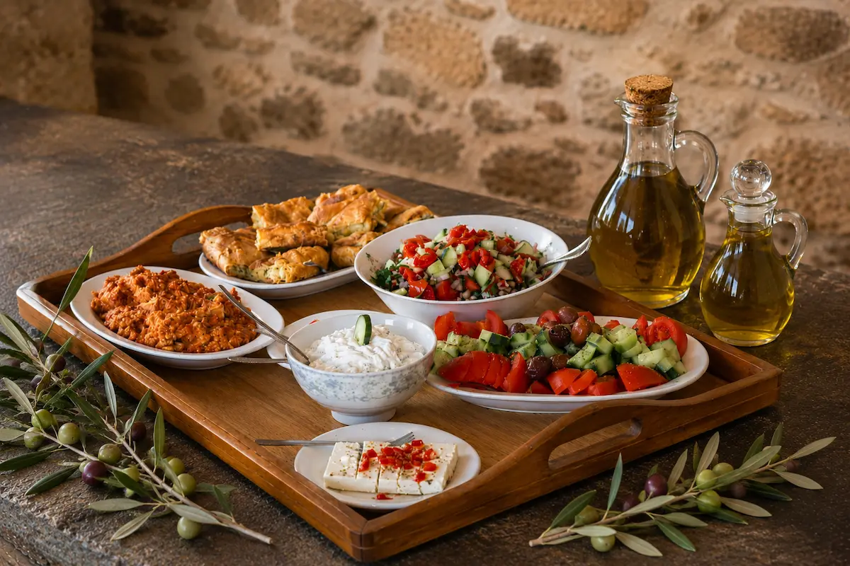 Traditional Mediterranean meal during olive harvest featuring fresh Greek salads, olive oil bottles, feta cheese, rice dish, and savory pastries on a rustic wooden tray.