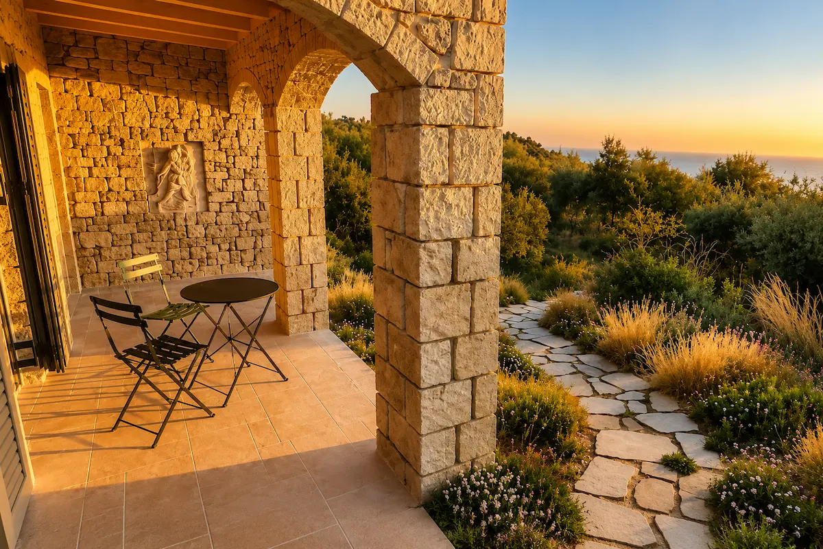 Achilles Cottage stone garden with dining table for four people