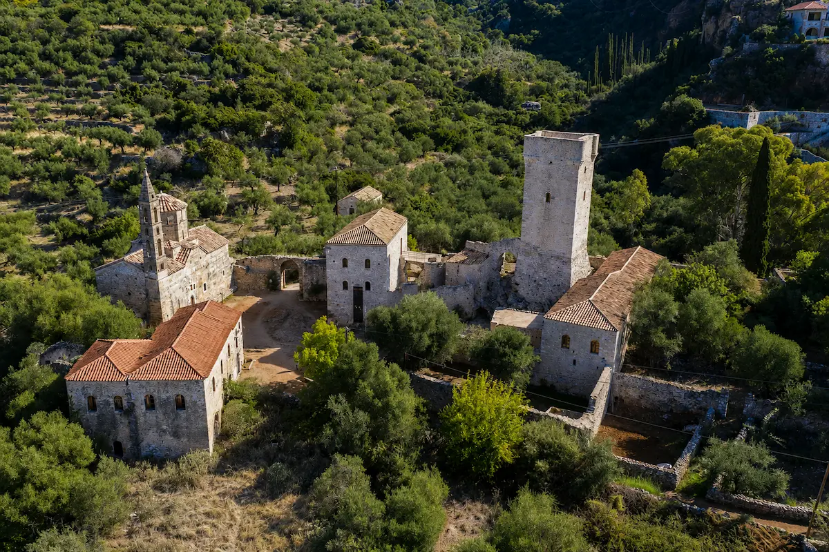 The Mourtzinos Tower in Old Kardamyli with the Taygetos behind it