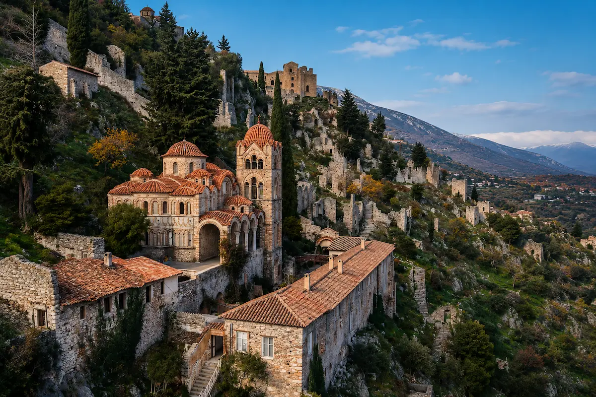 The Pantanassa Monastery at Mystras with surrounding olive trees and the Taygetos Mountains behind, viewed during a scenic Mystras Day Trip from Kardamyli.
