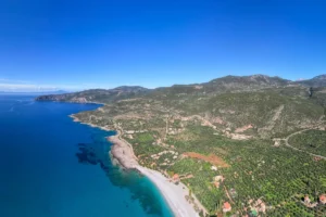 Aerial view of Kardamili village and coastline near Villa Leonidas