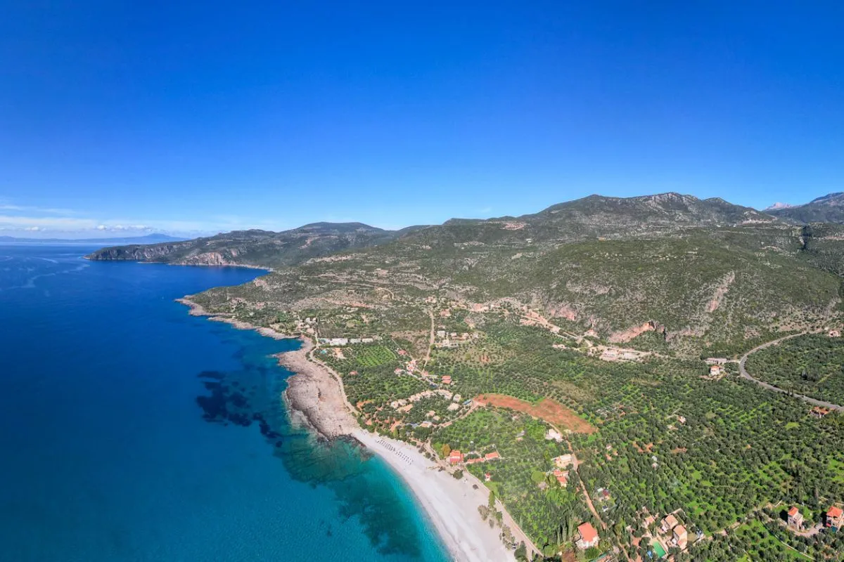 Aerial view of Kardamyli coastline and village in Greece