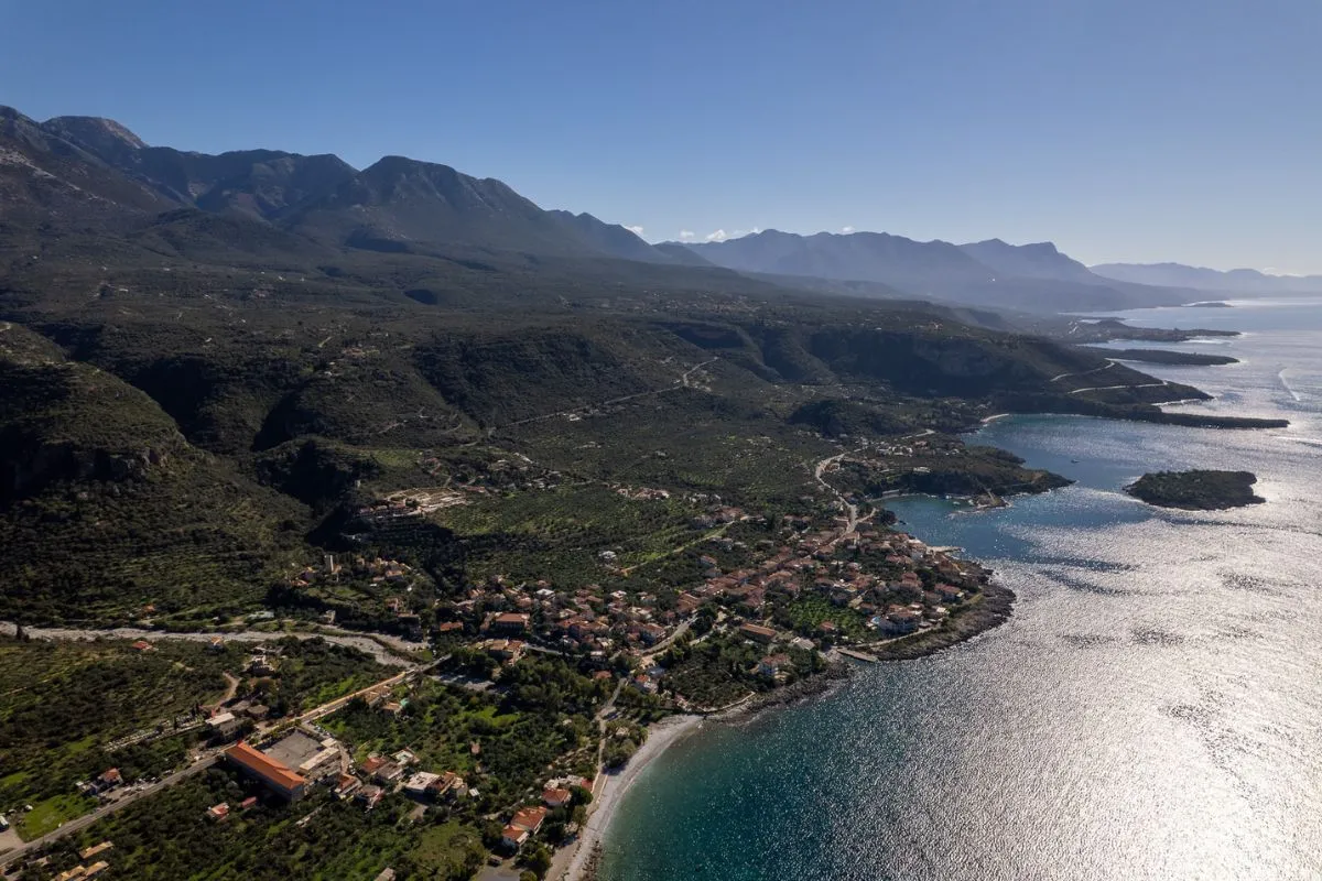 Kardamyli mountain and coastline panoramic view in Greece