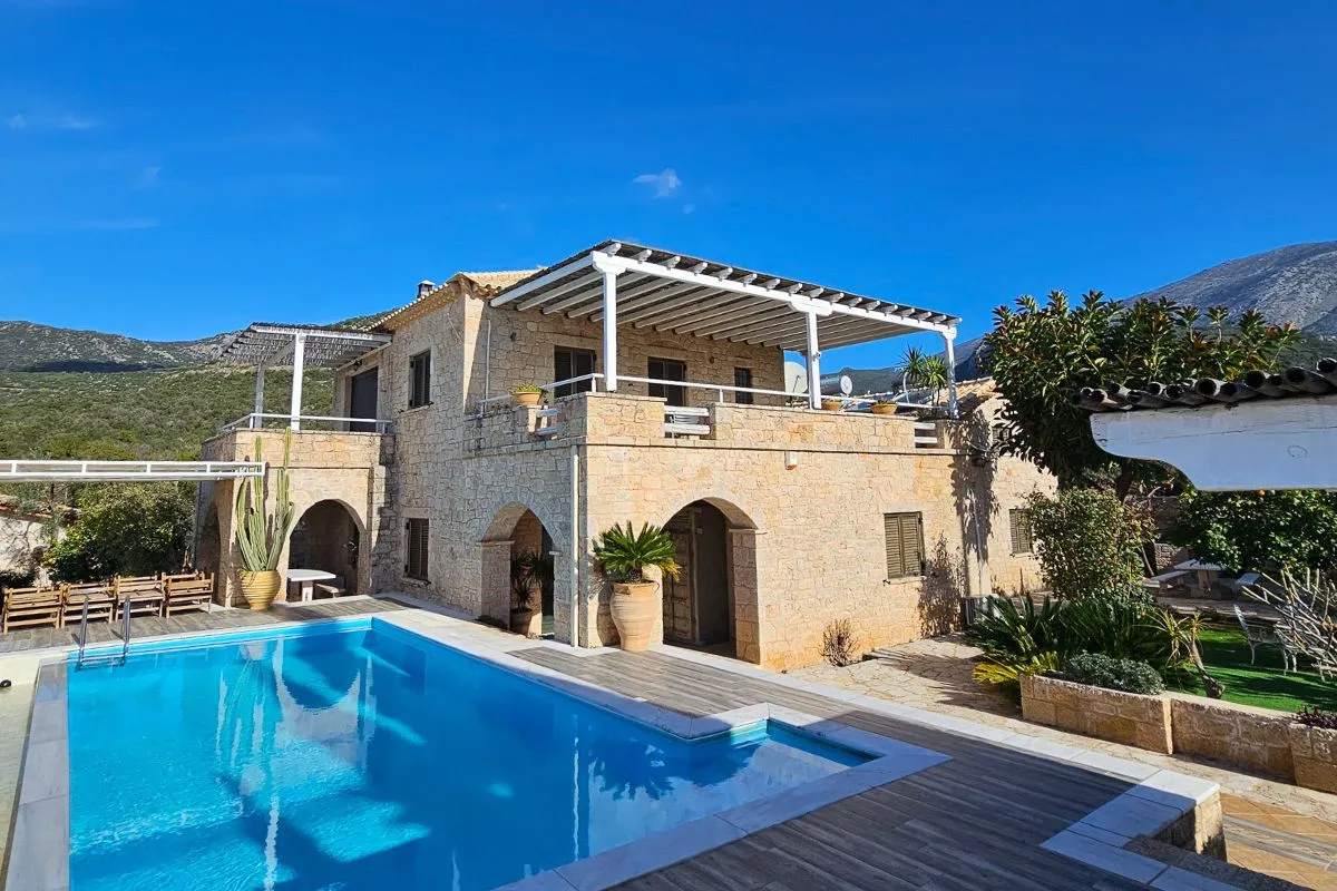 Main Villa exterior with private pool at Villa Leonidas in Kardamyli